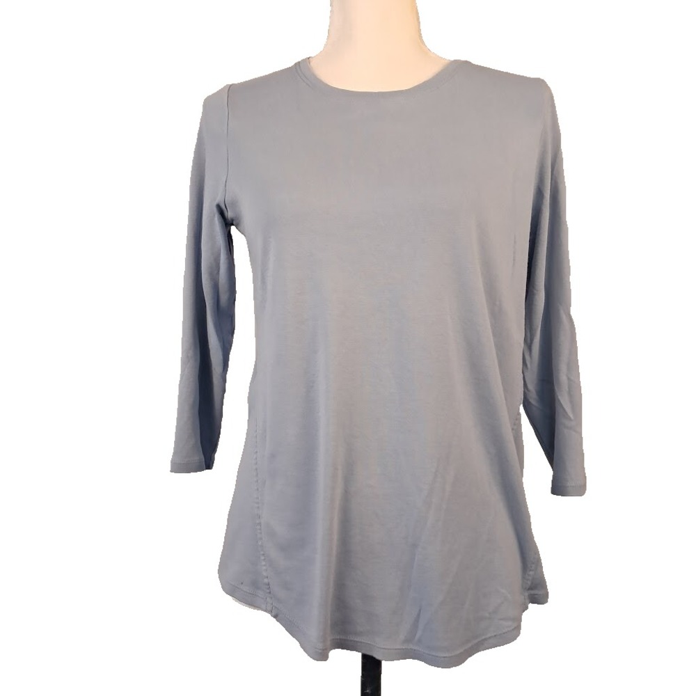 J JILL Pima Cotton 3/4 Sleeve Side Insert T-Shirt Crew Neck Rain Blue Drop Hem S